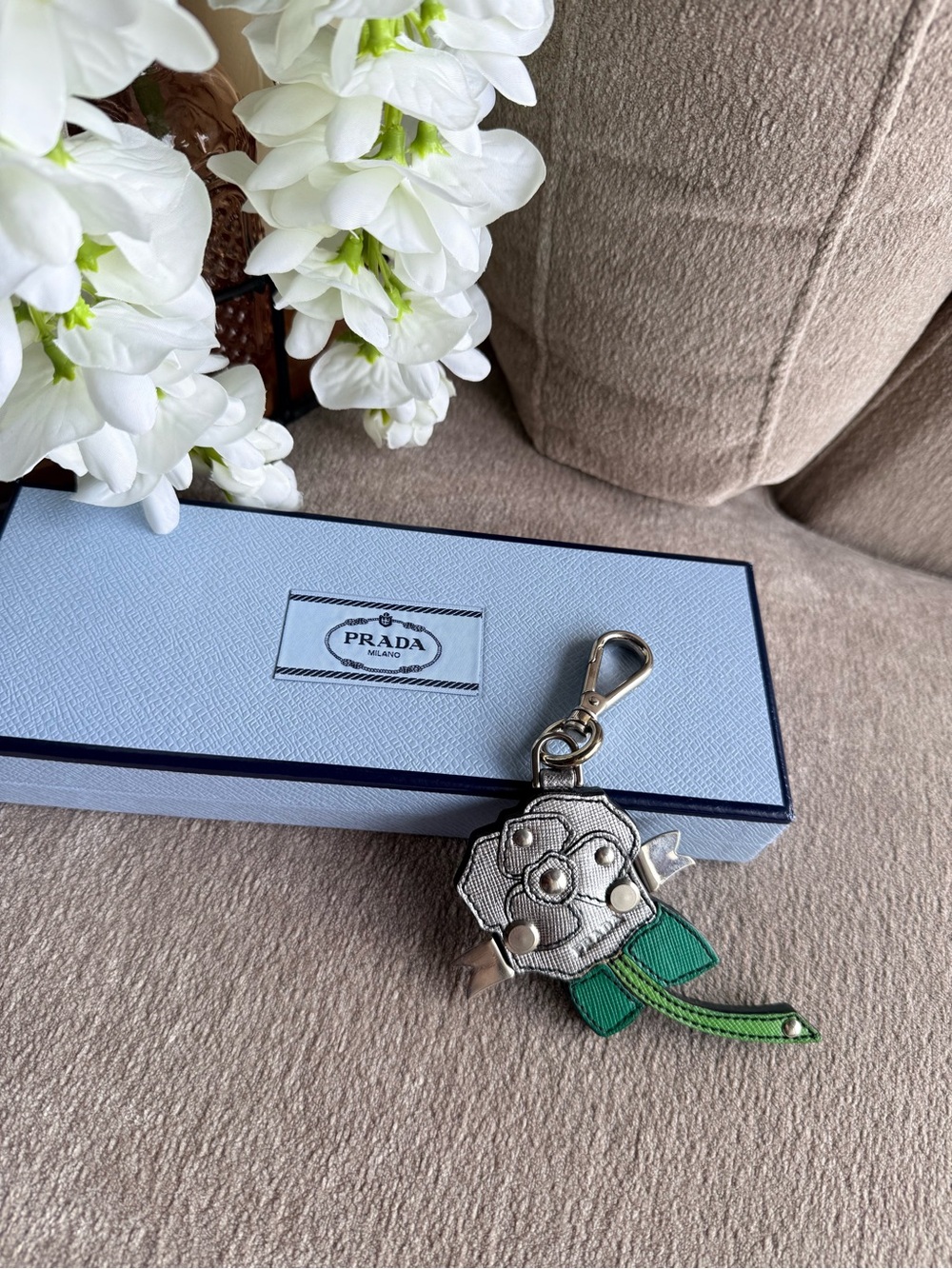 Prada Silver and Green Floral Bag Charm Authentic
